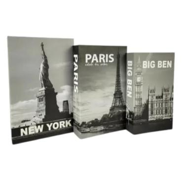 Imagem de Conjunto de 3 Caixas Livro Fake Decorativas para Decoração de Casa, Sala, Quarto, Porta Objetos Premium (New York Cinza)