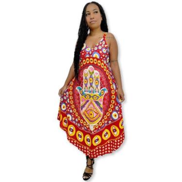 Imagem de Vestido Trapézio Indiano Alça Estampa Mão Fátima Olho grego - Sarat Mo
