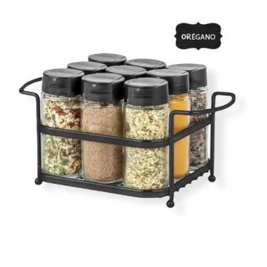 Imagem de Porta Tempero Condimento 9 Potes Vidro Tampa Dosadora Suporte Preto Or