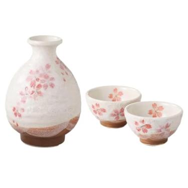 Imagem de Garrafa de saquê Tokkuri de cerâmica japonesa Mino Ware 30 ml e 2 copos de saquê Ochoko Guinomi Conjunto de 4 onças fluidas, padrão de flores de cerejeira TR489201