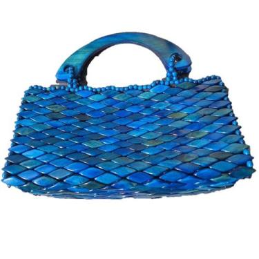 Imagem de Bolsa Artesanal Peças Madeira Envernizada Azul, Alça Curta - Ideias by