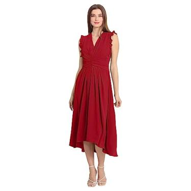 Imagem de Maggy London Vestido midi com decote em V e cintura franzida e detalhes de babados, Vermelho equestre, 40