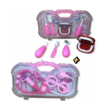 Imagem de Maleta Kit Dentista Rosa + Maleta Kit Médico Rosa Brinquedo 2 Em 1 - P