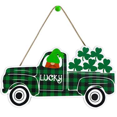 Imagem de Placa de madeira para pendurar no dia de São Patrício, placa xadrez de caminhão, placa de boas-vindas de pendurar em madeira, gnomo irlandês, caminhão sorte, trevos, porta decoração para quarto, porta frontal, 30 x 12 cm