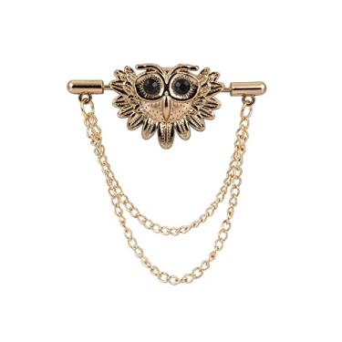 Imagem de A N KINGPiiN Broche de lapela para homens, coruja da sorte dourada com corrente pendurada, acessório masculino dourado, Standard, Metal, Sem Pedra Preciosa