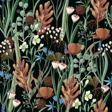Imagem de VEELIKE Papel de parede floral com folhas de outono, papel de parede floral preto boho para banheiro, casa de fazenda, 40 x 900 cm, papel de parede botânico removível autoadesivo, papel de contato