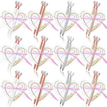Imagem de Fuutreo Conjunto de 24 notas adesivas em forma de coração com grandes canetas de diamante, bloco de notas para casamento, canetas esferográficas de metal de cristal com tinta preta para despedida de