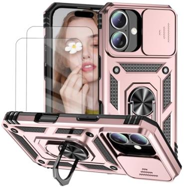 Imagem de Capa para iPhone 16 Capinha | com 2 peças de protetor de tela temperado com janela deslizante da câmera e suporte para telefone incluídos - Rosa