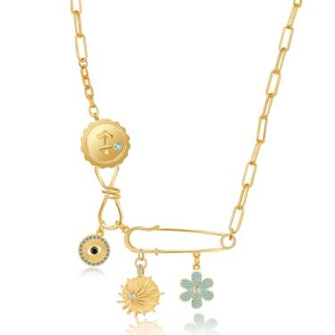 Imagem de MISS RIGHT Colar com pingente de pingente feminino com pingente de olho turco olho turco hamsa elegante vintage corrente sol lua trevo flor pingente grosso colar joias presentes, 18.90 inches, Latão,