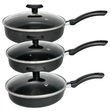 Imagem de Conjunto Frigideira Antiaderente Com Tampa De Vidro Kit Jogo com 3 Peças Teflon 18/20/22cm Vermelha ou Preta(Preto)
