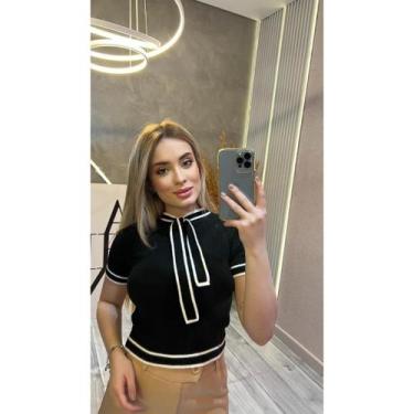 Imagem de Blusa Camisa Feminina Básica Com Listra Preta E Branca Manga Curta Gol