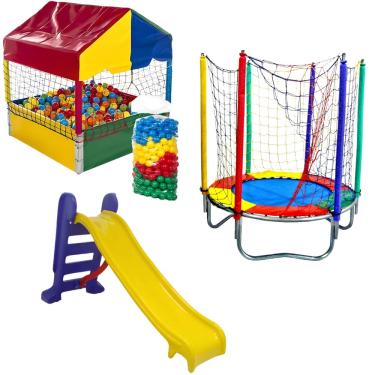 Imagem de Kit Playground Cama Elástica 1,40m  Piscina de Bolinhas Quadrada 1,00m c/ 500 Bolinhas Escorregador Médio
