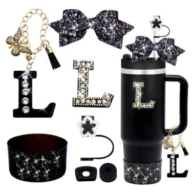 Imagem de Conjunto de acessórios para copo Stanley preto de 7 peças para copo Stanley 850 g 1,134 g, incluindo topo de palha de diamante, pingente de letra, laço brilhante, adesivo de iniciais, tampa à prova de