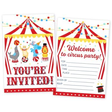 Imagem de Embhhor Convite de aniversário de circo, convites de preenchimento dupla face para meninos meninas, decorações de festa de aniversário de circo infantil, 30 cartões