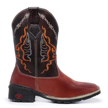 Imagem de Bota Country Texana Masculina, Cano Longo, Couro Marrom e Preto, Bordado Laranja (Marrom, BR, Adulto, Numérico, 38)