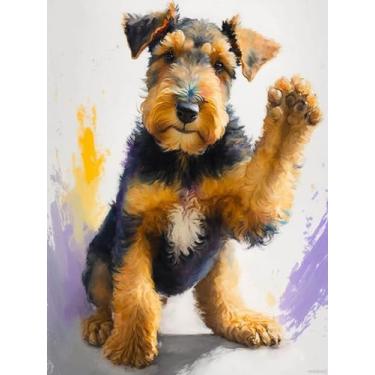 Imagem de HMDIIMGE Kits de pintura de diamante 5D DIY com animais fofos, bordado Airedale Terrier, kits de arte de diamante redondo e completo, Airedale Terrier, cristal, gema artística, pintura, artesanato