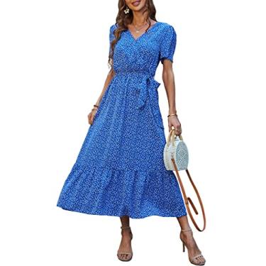 Imagem de PRETTYGARDEN Vestido feminino floral de verão, gola V, manga curta, com cinto, bainha com babados, evasê, boêmio, azul, GG, Leitor de azul/palma, XG