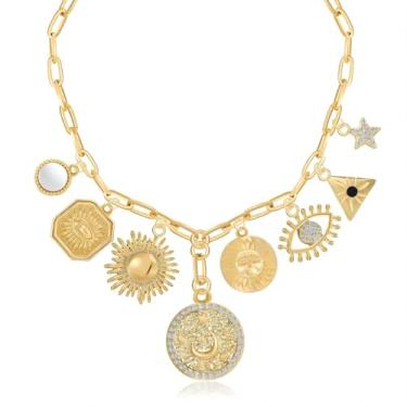 Imagem de Zissunbeam Colar gargantilha feminina banhada a ouro 18 k com pingente de sol, coração, olho turco, clipe de papel, joia vintage popular de verão, colares boho para mulheres, Latão, Zircão