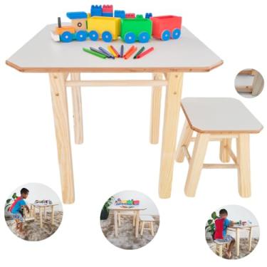 Imagem de Mesa Infantil com Banco em Madeira Natural, Tampo Branco, Móvel Multifuncional para Atividades Criativas