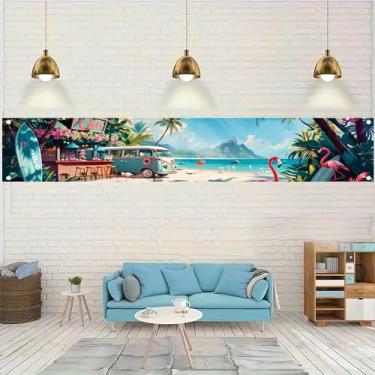 Imagem de Starlit Patio Faixa de praia de verão 50 x 395 cm decorações de festa tropicais pano de fundo do oceano costeiro à beira da piscina retrô van flamingo cena de prancha de surfe para quintal churrasco