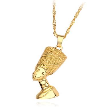 Imagem de kelistom Colar com pingente de rainha egípcia Nefertiti banhado a ouro 18K banhado a prata com corrente de Singapura, joias hiphop africanas, Metal