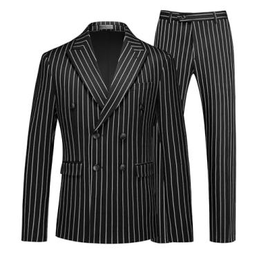 Imagem de MOGU Terno masculino de risca de giz trespassado - 2 peças slim fit vintage smoking para padrinhos, casamento, formatura, Preto, 45