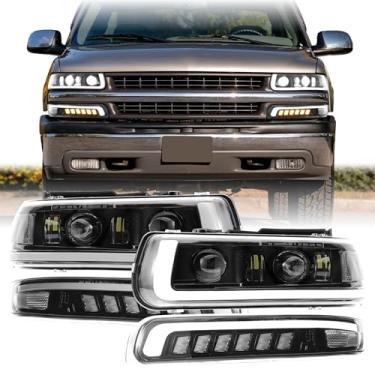 Imagem de USR 99-02 GMT800 Conjunto de 4 peças de lâmpadas dianteiras (esquerda + direita) compatível com caminhonete Chevy Silverado 1999-2002 (projetor preto farol de LED completo/seta/DRL/refletor