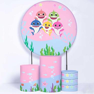 Imagem de Kit Painel de Festa Redondo de 1,80m e Trio de Cilindros Baby Shark - Fera Print