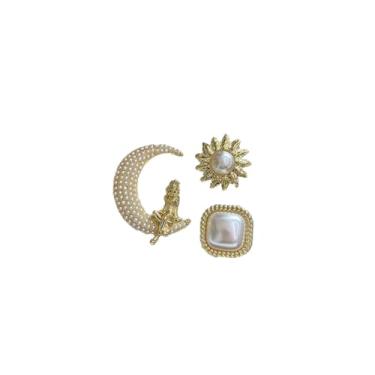 Imagem de Broche feminino pérola lua menina banhado a ouro sol barroco pérolas cultivadas quadrado lapela xale broche elegante terno crachás chapéu cachecol acessórios broches moda joias conjunto 3 peças