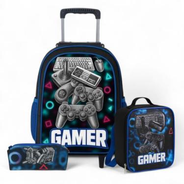 Imagem de Mochila Escolar Infantil Masculina Rodinha + Estojo + Lancheira Gamer 