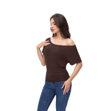 Imagem de Camisetas femininas grandes franzidas casuais Dolman manga curta gola canoa verão ombro de fora regular plus size, Marrom, M