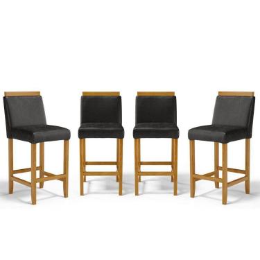 Imagem de Kit Com 4 Banquetas Eloá Madeira Maciça Assento Estofado Para Bancada Courino Preto 503