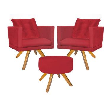 Imagem de Kit 02 Poltrona Com Almofada Solta E Puff Kim Luxo Confort Giratória Madeira Rústico Suede Vermelho