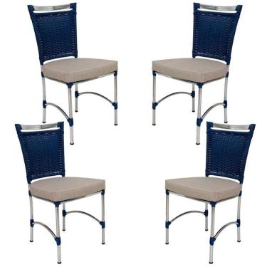 Imagem de 4 Cadeiras Em Alumínio E Fibra Sintética Jk Cozinha Edícula Azul Dark E Fundo Palha