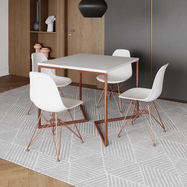 Imagem de Mesa Jantar Industrial Quadrada 90Cm Branca Base Cobre V Com 4 Cadeiras Brancas Eames Eiffel Pés Cob