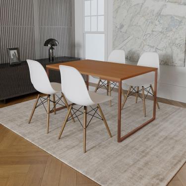 Imagem de Mesa Industrial Base Ferro Cobre Tampo 137X90 Canela 4 Cadeiras Eames Madeira Assento Branco