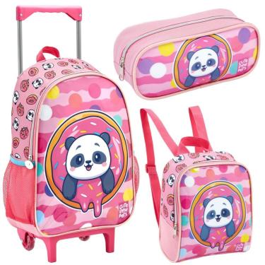 Imagem de Kit Mochila Rodinha Lancheira Estojo Escolar Infantil Panda Rosa Seanite