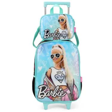 Imagem de Kit Mochila Escolar Rodinha Lancheira Infantil Barbie Fashion Verde Luxcel
