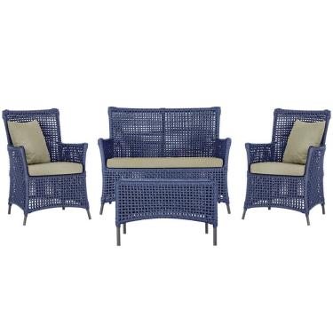 Imagem de Jogo Sofá E 2 Poltronas E Mesa Igapó Preta E7 Trama Original Azul