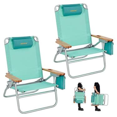 Imagem de #WEJOY Pacote com 2 cadeiras de praia ajustáveis de 4 tamanhos, mochila dobrável cadeiras de praia para cadeira de assento baixa portátil adulto com alça de transporte Apoio de braço de madeira para piquenique de cinema de festival, 136 kg