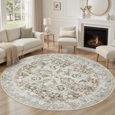 Imagem de Tortania Tapete redondo de 1,2 m para sala de estar - Tapete Boho lavável, vintage, oriental, envelhecido, casa de fazenda, grande, fino, tapete interno para quarto, embaixo da mesa de jantar