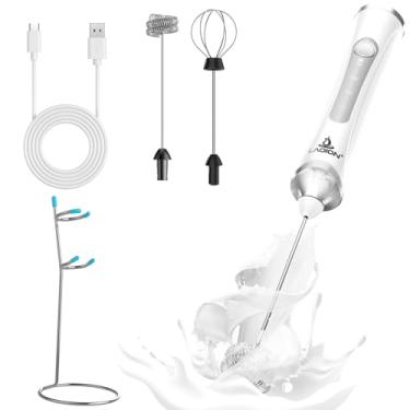 Imagem de LAOION Batedor De Leite Recarregável Com Suporte, Dois Anéis Aço Inoxidável Removível, Misturador Elétrico Portátil 3 Velocidades Para Lattes, Cappuccino, Café (Branco)