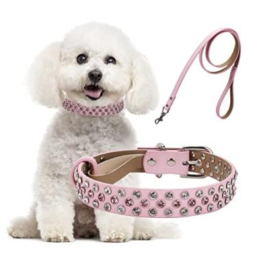 Imagem de Coleira de cachorro de strass, coleiras de diamante brilhantes com guia ajustável, deslumbrante brilhante cristal cravejado de microfibra couro com espinhos de cachorro fofo para meninas pequenas e médias grandes gatos