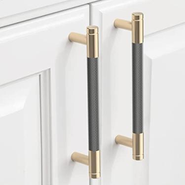 Imagem de 9BUILD Pacote com 10 puxadores de armário serrilhados de 12 cm, puxadores de armário de cozinha cinzentos dourados escovados, puxadores de cozinha para armários, puxadores de cômoda de latão, puxador