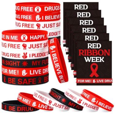 Imagem de Humyoun 60 peças/30 conjuntos de pulseiras de silicone da semana com fita vermelha com cartões, incluindo 30 pulseiras sem drogas, 30 cartões de semana de fita vermelha para suprimentos de caridade de