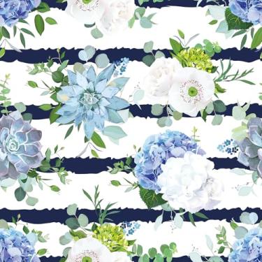 Imagem de Stickyart Papel de parede listrado floral azul branco descasque e cole rosa hortênsia suculenta papel de parede para paredes autoadesivo listrado folha de flor papel de contato removível para armários