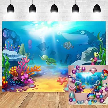Imagem de OERJU Cenário de fotografia de mundo subaquático de desenho animado de 3,6 x 2,4 m azul oceano lindo coral fundo de peixe fofo aniversário infantil chá de bebê festa bolo mesa banner retratos adereços de estúdio de foto