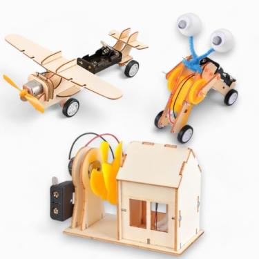 Imagem de Kit Educativo 3 Brinquedos de Montar de Madeira DIY STEAM Casa Robô e Avião