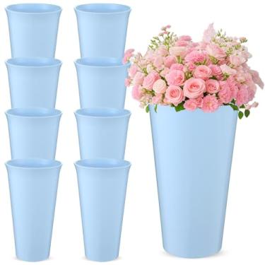 Imagem de Ninehaoou Pacote com 16 baldes de flores de plástico de 24 cm, vasos redondos modernos para centros de mesa, exibição floral, baldes decorativos para decoração de mesa e casamento (azul)