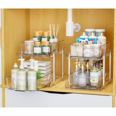 Imagem de Yieach Pacote com 2 organizadores de banheiro de 2 camadas e armazenamento sob a pia, organizadores de pia de plástico transparente de 24 cm de altura para cozinha, balcão, despensa, penteadeira